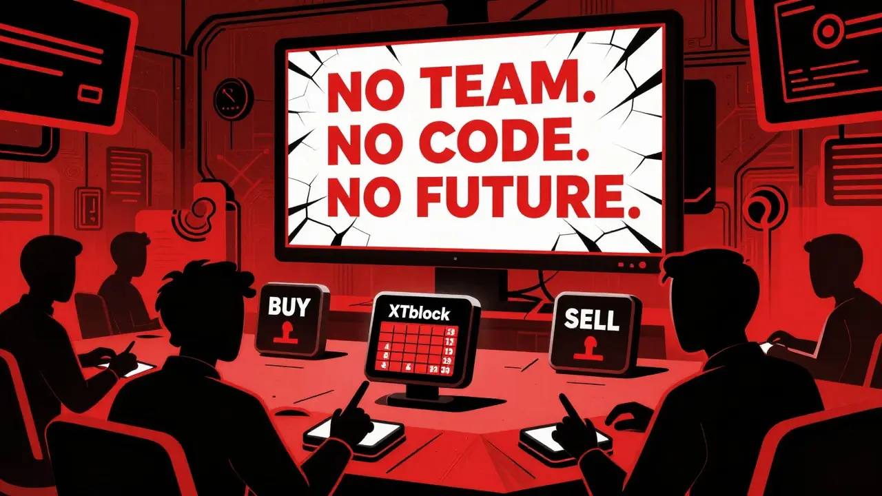 Shadowy traders scramble around a flickering price chart, while a cracked screen displays 'NO TEAM. NO CODE. NO FUTURE.'