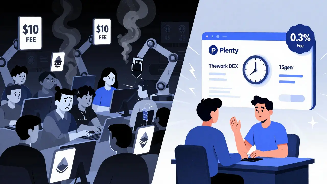 Split scene: slow, expensive Ethereum DEX vs. fast, cheap Plenty Network on Tezos, shown in bold Constructivist design.