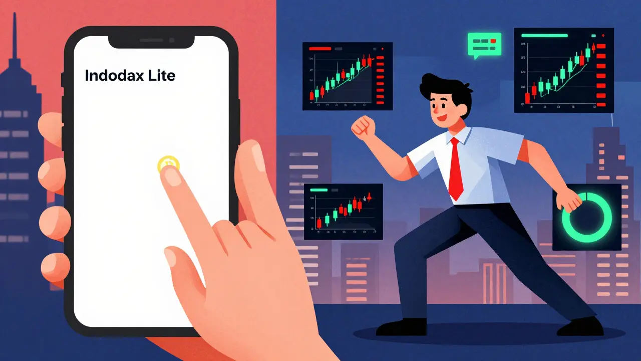 Split-screen of beginner using Indodax Lite and advanced trader with floating trading charts in stylized design.