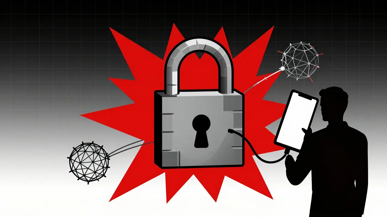 Stylized digital padlock surrounded by red warning triangles