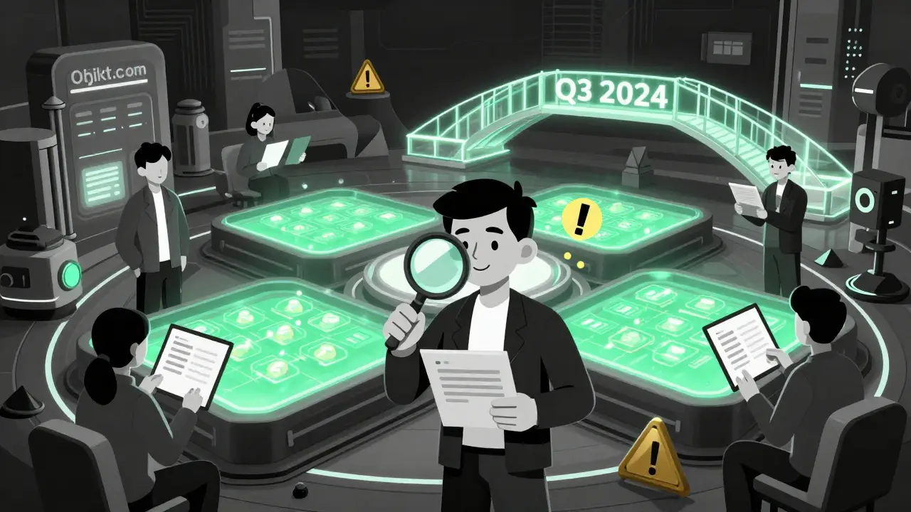 Tezos trading hub with V2 liquidity pools and upcoming Polygon bridge, featuring contract verification warning, in Constructivist style.