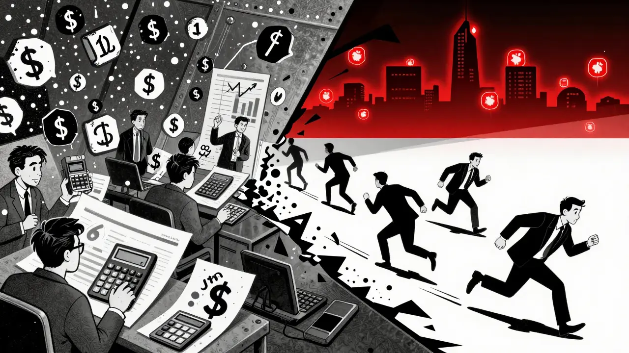 Traders overwhelmed by tax symbols as market liquidity collapses, in Constructivist style.