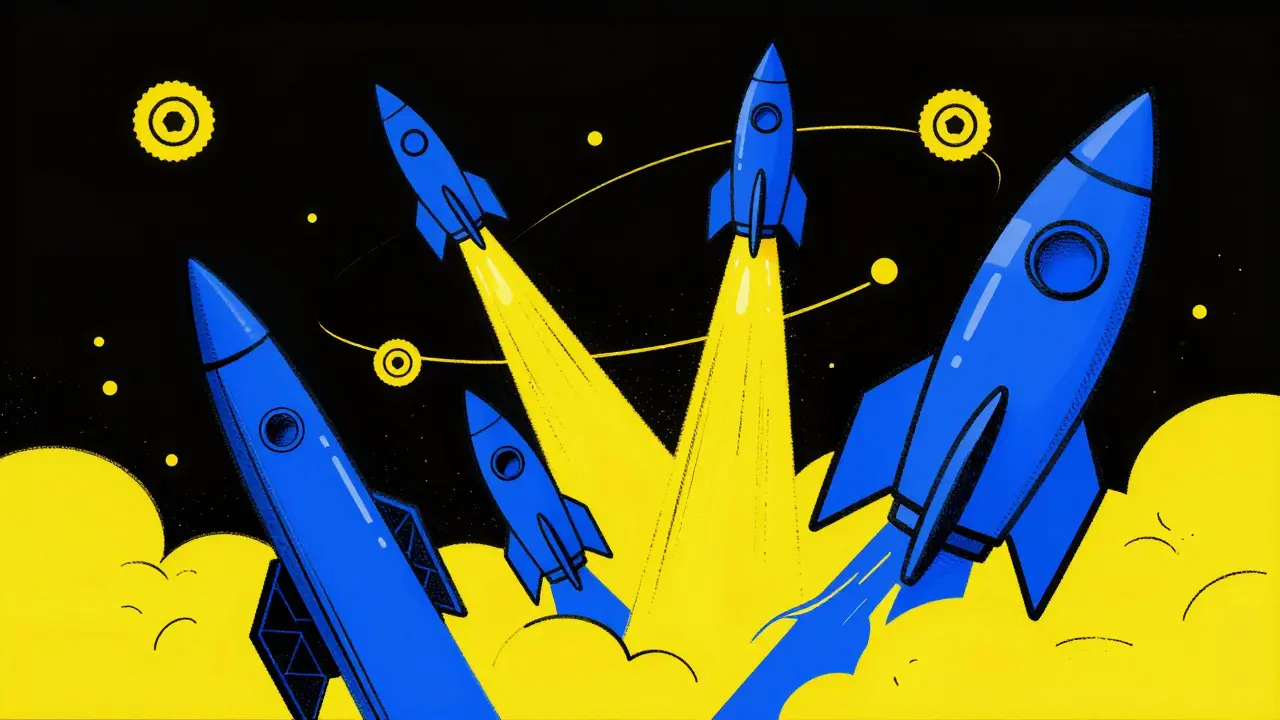 Triangular rockets launching with floating coin shapes.