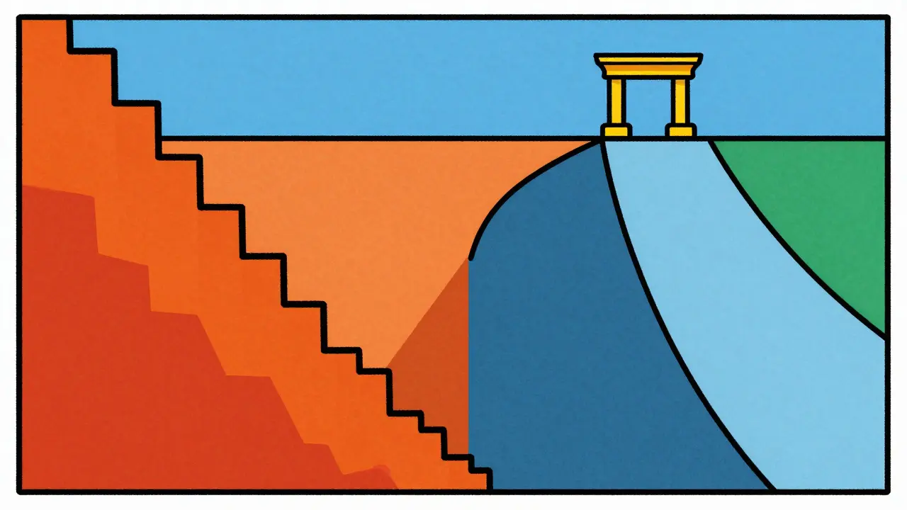 Two stylized paths representing short and long term asset growth