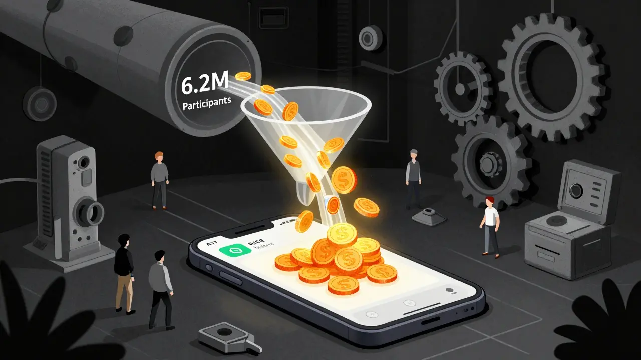 Users flowing into a futuristic RICE Wallet app portal, tokens cascading in industrial cartoon style