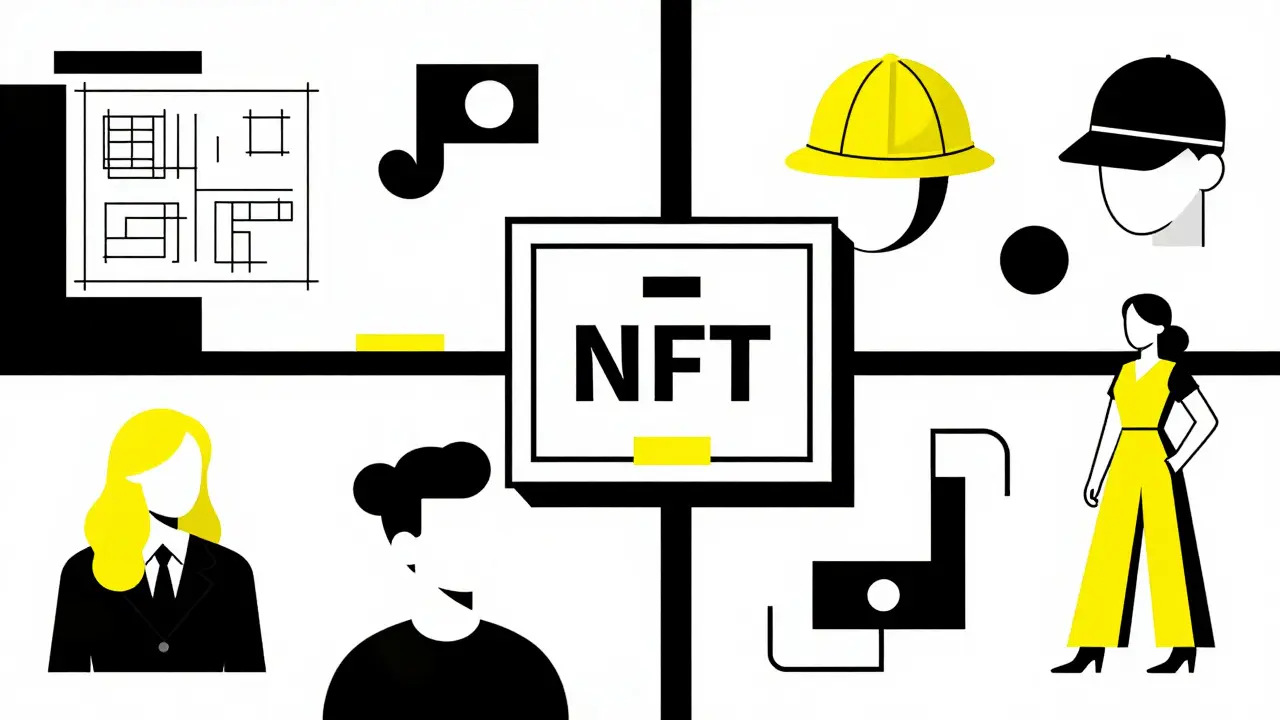 A conceptual illustration of NFTs, virtual architecture, and digital fashion in a Constructivist style.
