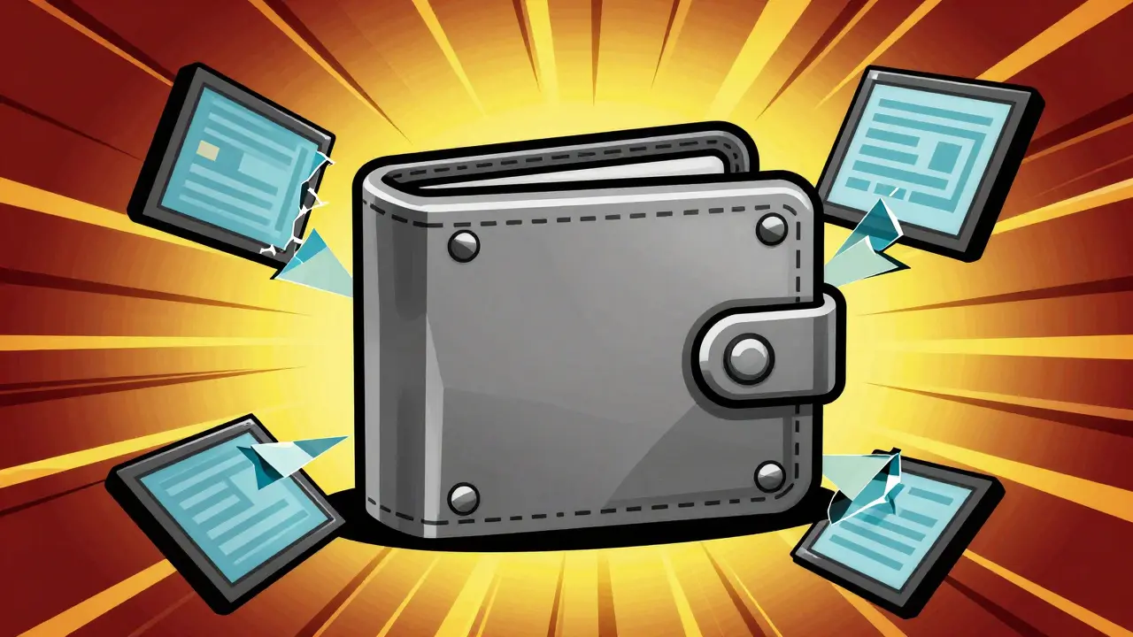 A fortress-like hardware wallet standing strong among broken digital screen fragments.