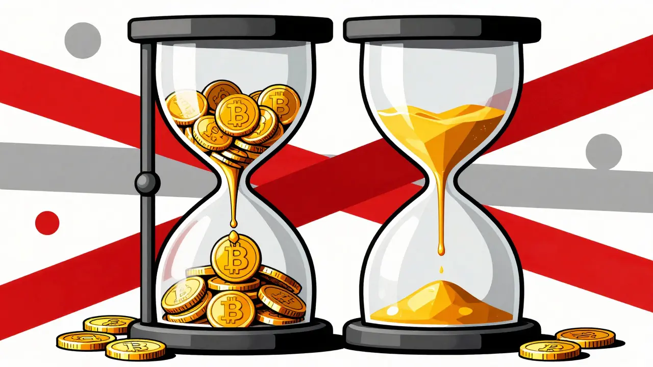 A geometric hourglass splitting a flow of golden coins to symbolize a halving event.