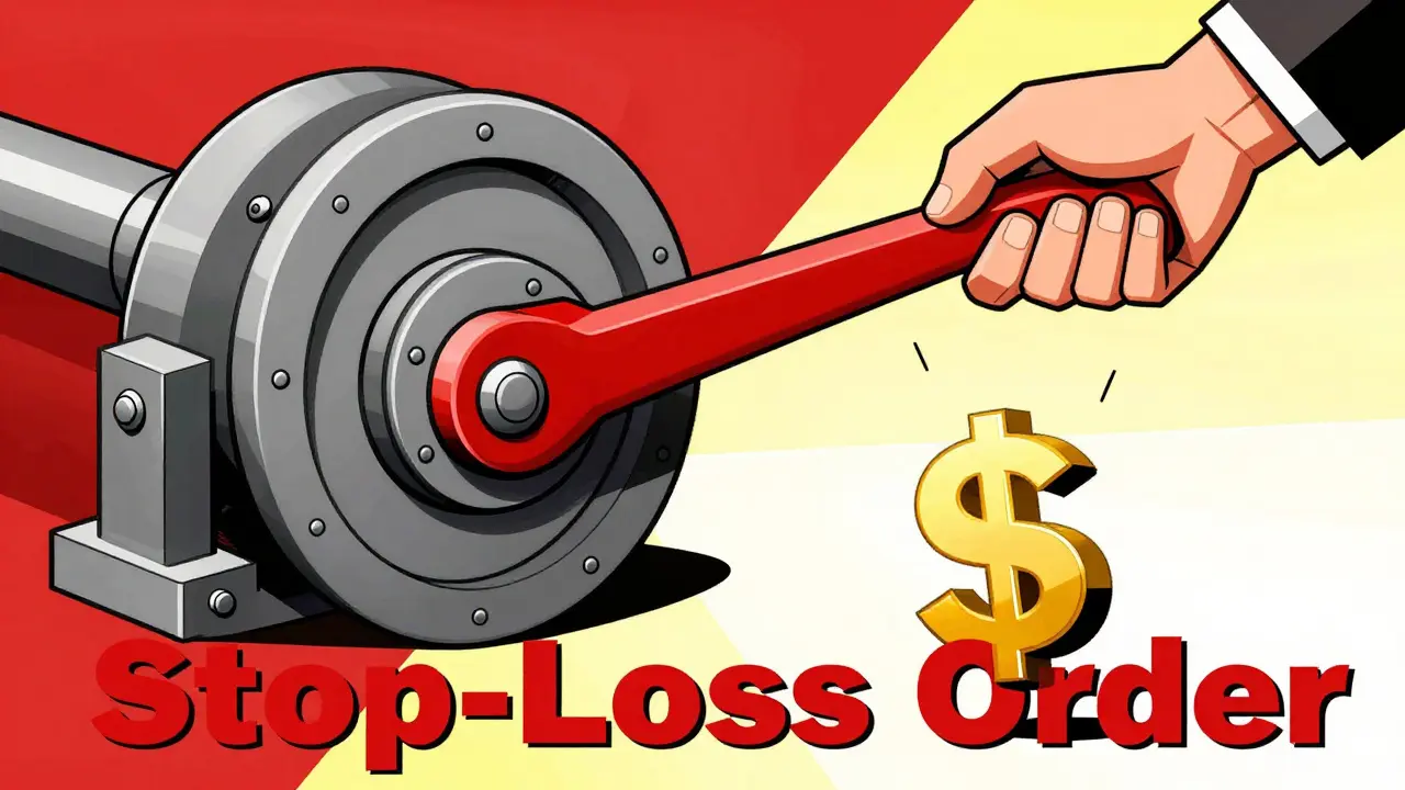 A large mechanical emergency brake stopping a falling golden currency symbol