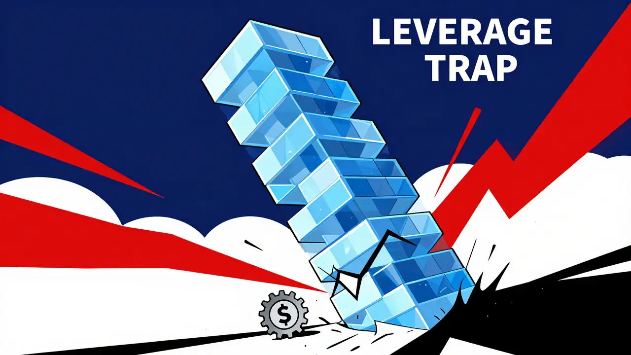 A leaning tower of blue blocks symbolizing a dangerous financial leverage collapse.