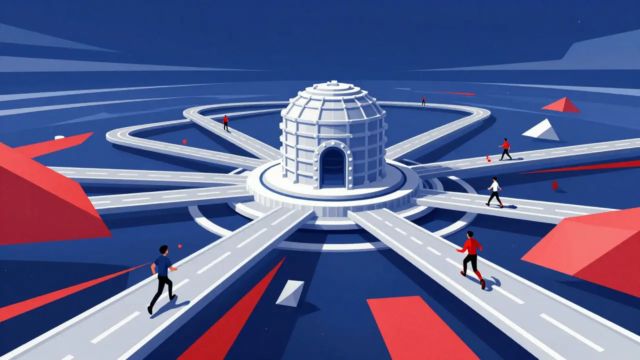 A secure central vault connected to high-speed geometric highways in a constructivist illustration.