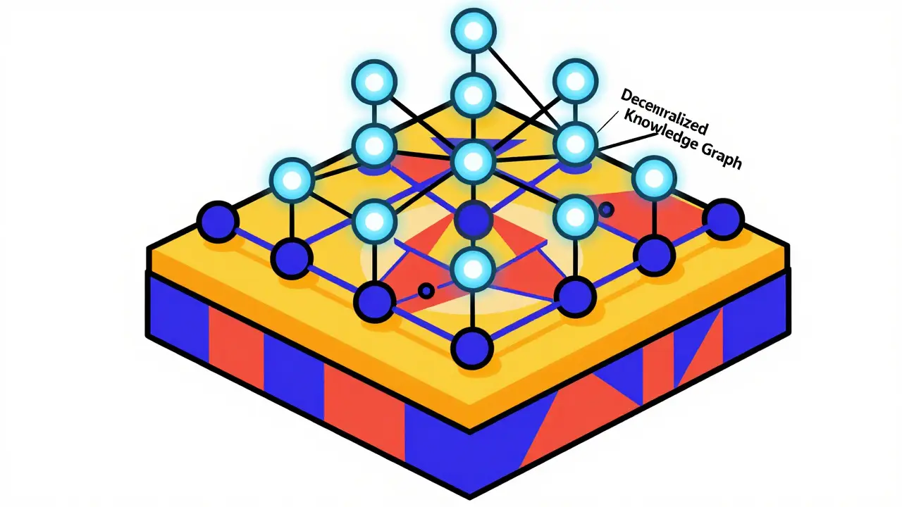 Abstract diagram of OriginTrail's two-layer architecture with a base layer and a knowledge graph.