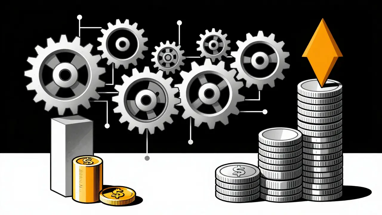 Abstract gears and pillars representing the balance between block rewards and transaction fees.