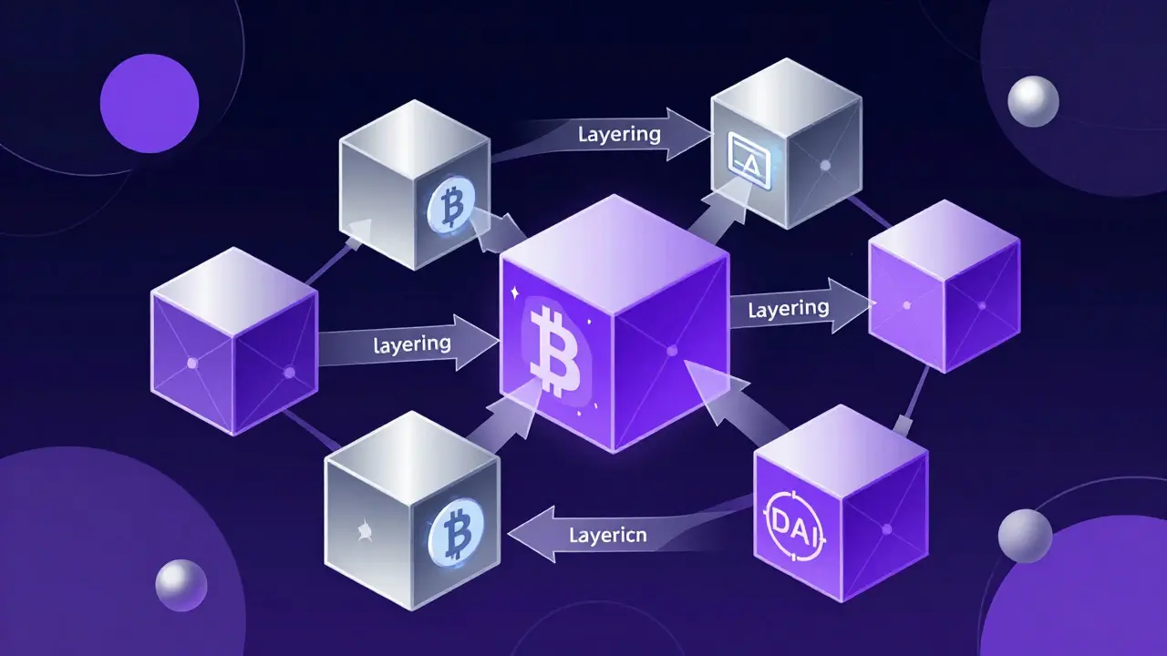 Abstract geometric network showing the movement of funds from frozen assets to decentralized coins.