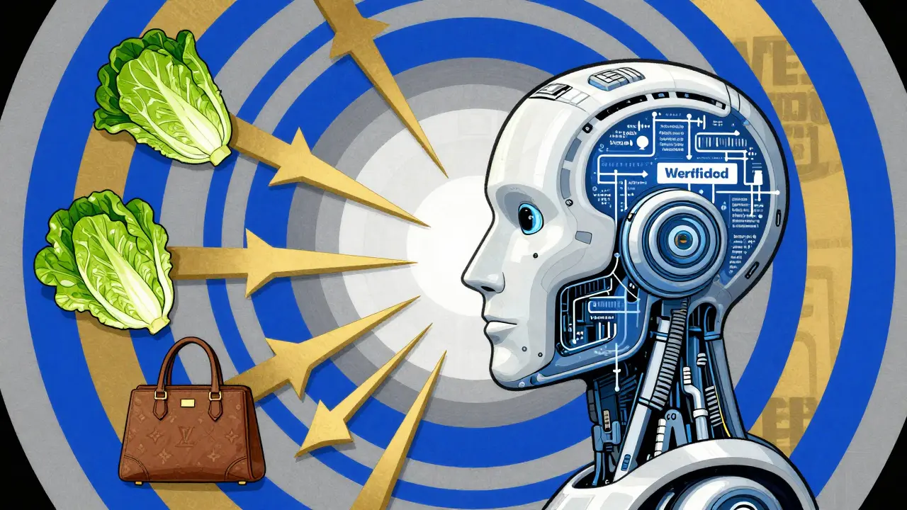 AI head connected to a geometric web of verified real-world assets like lettuce and luxury goods.