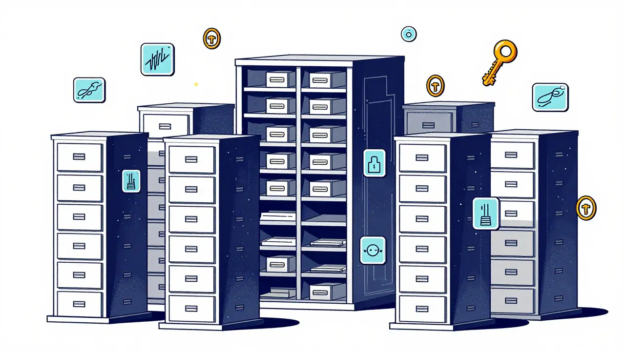 Architectural constructivist depiction of a secure blockchain ledger with floating digital keys.
