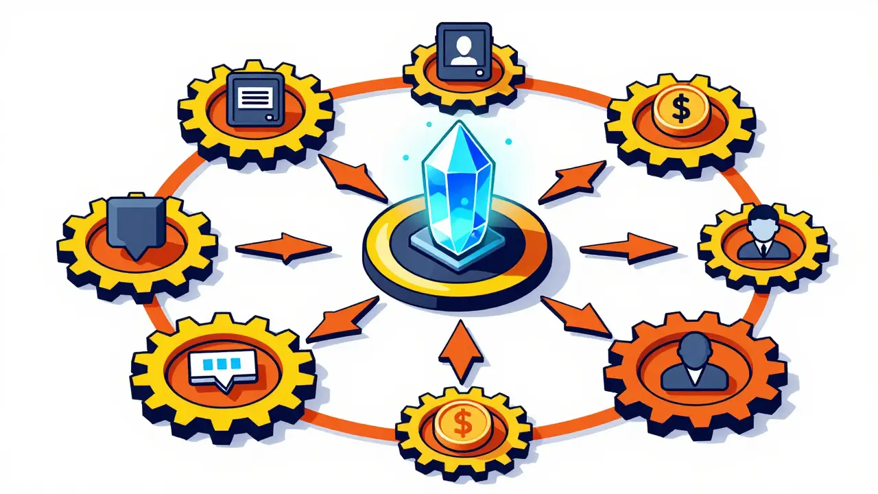 Conceptual Constructivist diagram of a decentralized AI marketplace and smart contracts.