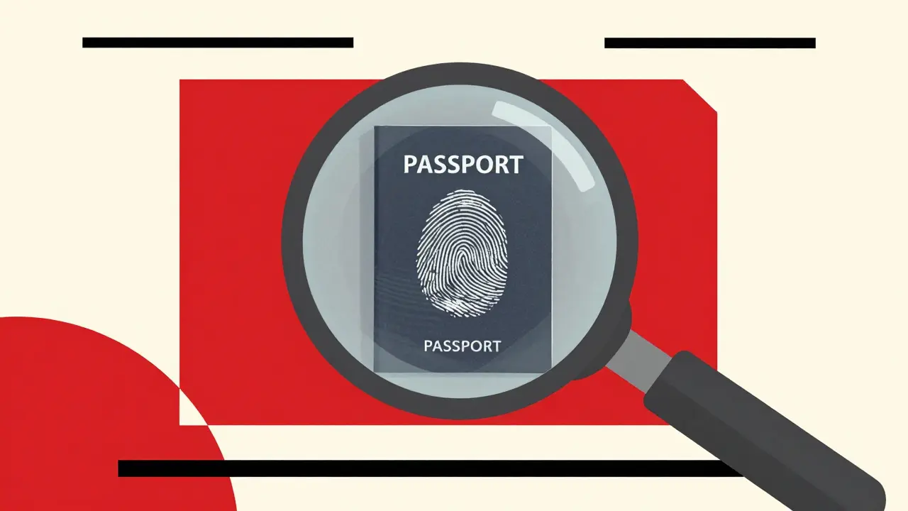 Constructivist art of a magnifying glass scanning a passport and fingerprint for identity verification.