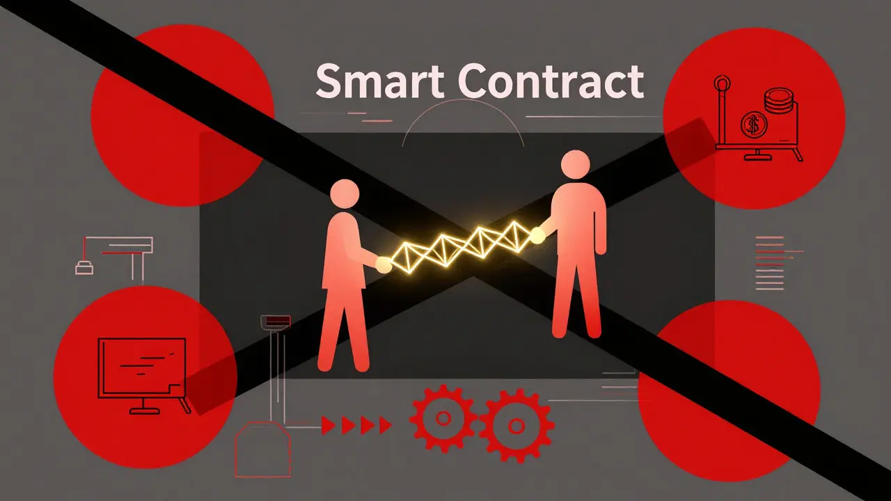 Constructivist illustration of a smart contract automatically exchanging digital art and coins.