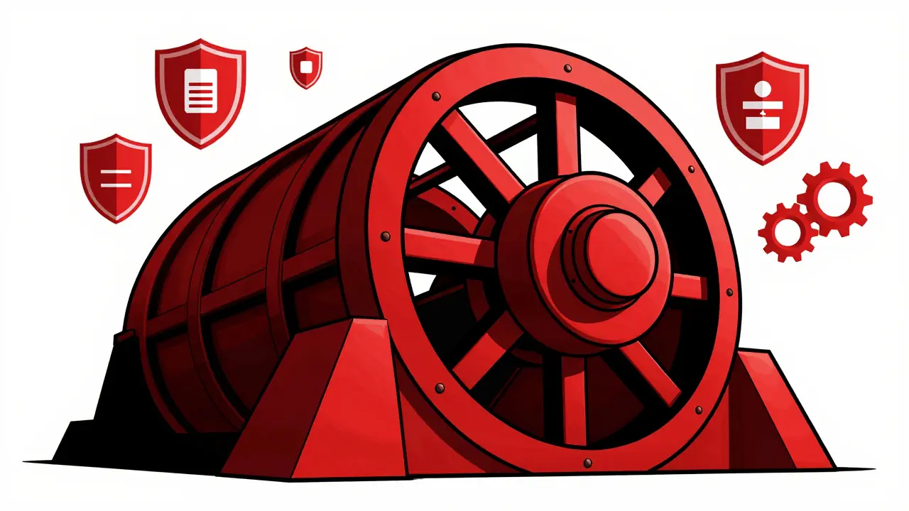 Constructivist style depiction of a secure digital vault with a prominent circuit breaker switch.