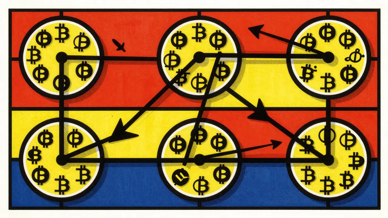 Geometric abstract illustration of a cryptocurrency liquidity pool with flowing assets.