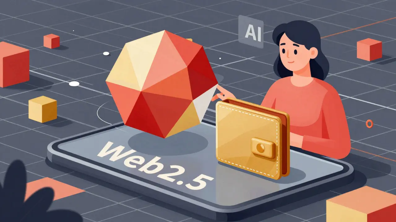 Geometric depiction of an AI entity interacting with a digital wallet on a structured blockchain grid.