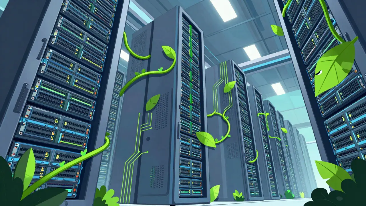 Geometric illustration of an eco-friendly high-performance computing data center.