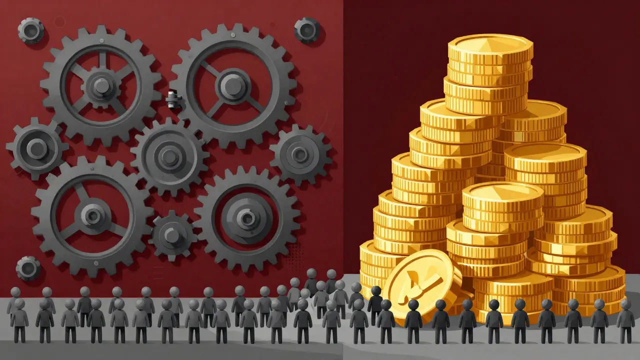 Industrial barriers of gears and coins blocking a swarm of fake identities.