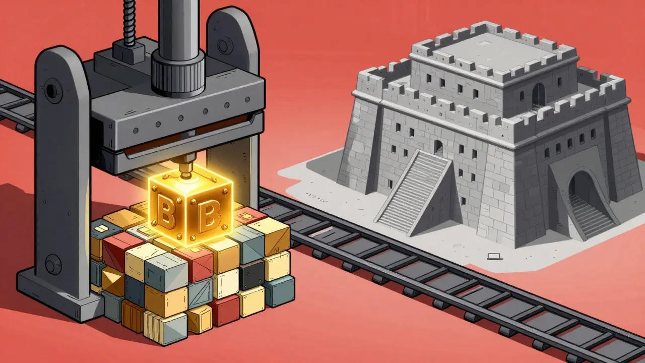 Mechanical press compressing many transaction blocks into one single proof in a graphic style.