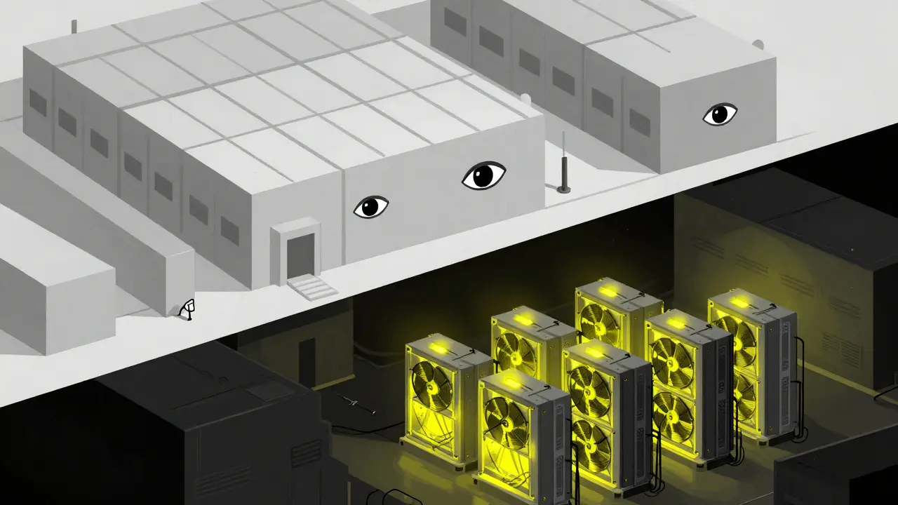 Split-screen illustration of a legal government mining facility and a secret underground crypto mine.