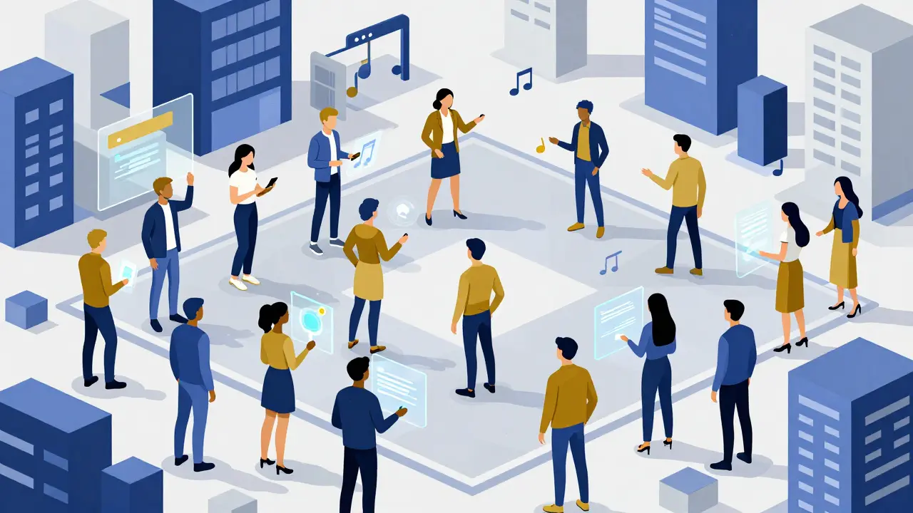 Stylized avatars interacting in a vibrant, abstract digital social hub with geometric shapes.