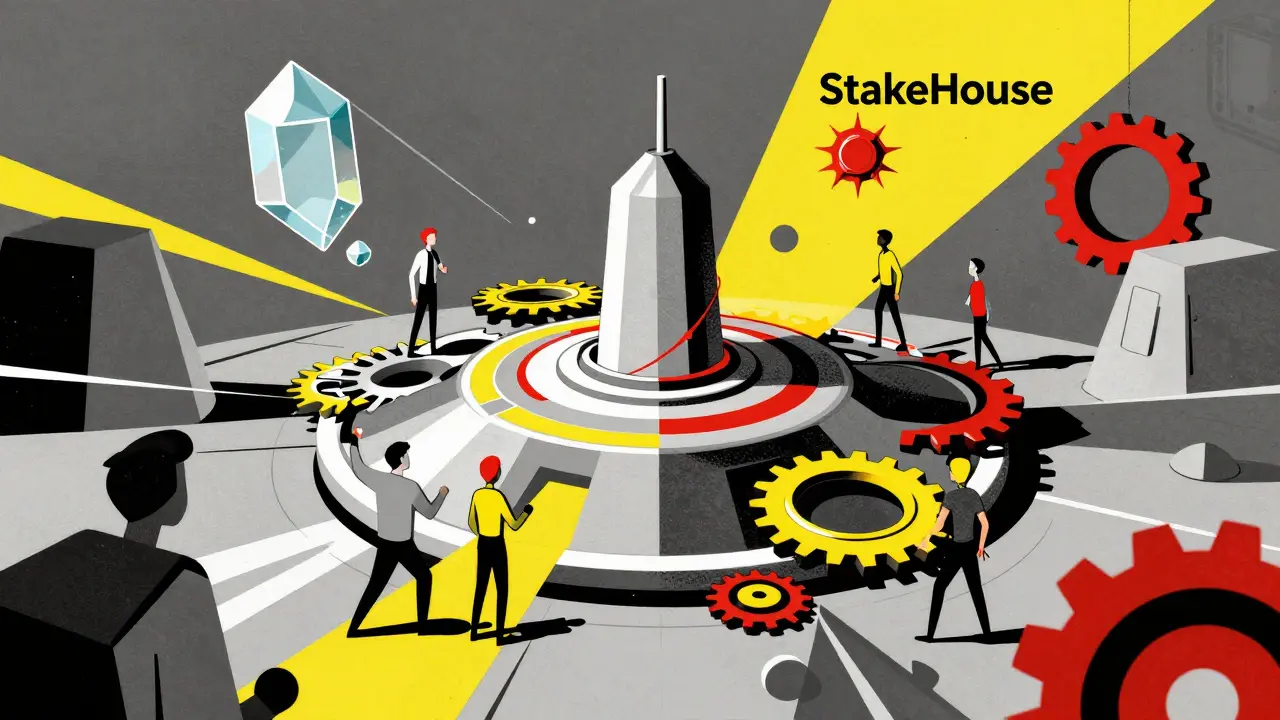 Stylized figures interacting with geometric shapes in a futuristic digital StakeHouse hub.