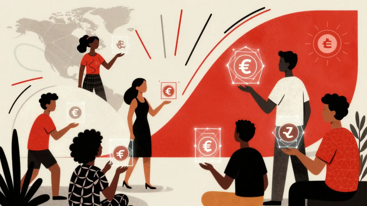 Stylized figures using a decentralized network to exchange local currencies for stablecoins.