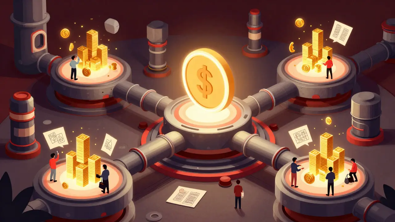 Stylized geometric scene showing the flow of tokens and creative contributions in a digital network.