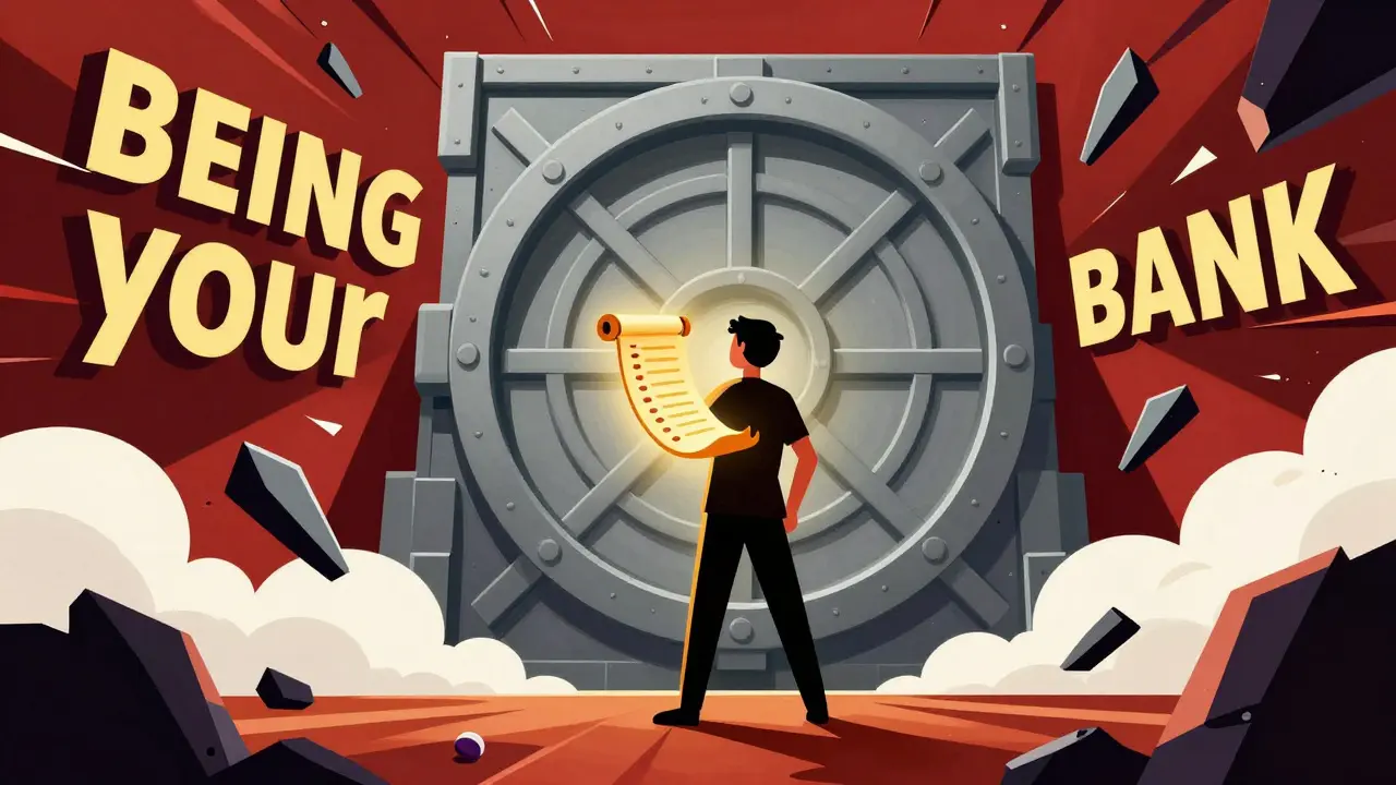 Stylized image of a person guarding a digital vault with a seed phrase, representing self-custody.