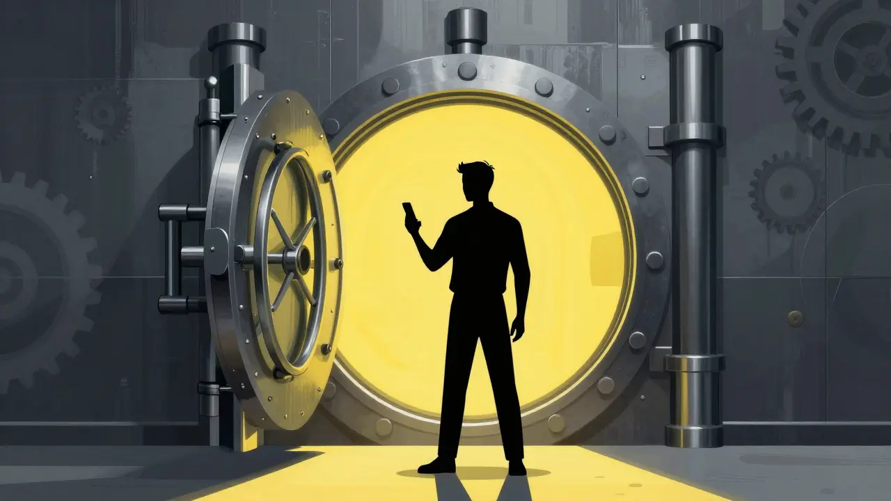 Trader standing before large steel vault security door