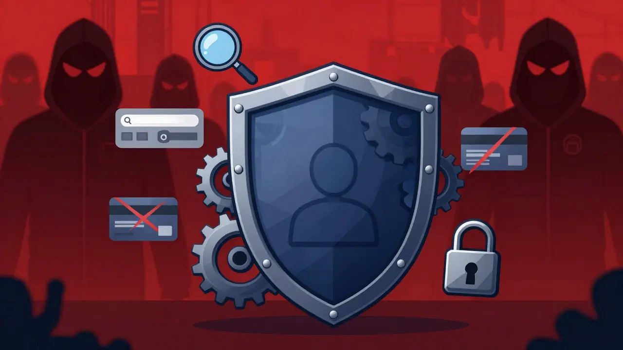 A protective shield guarding a user from hacker silhouettes in a constructivist art style.
