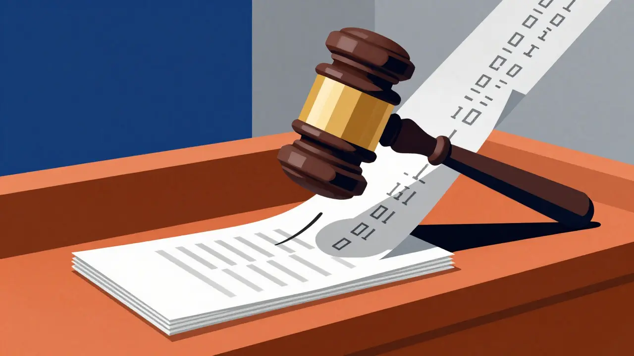 A stylized gavel striking documents that dissolve into digital data streams, representing legal rulings on metadata.