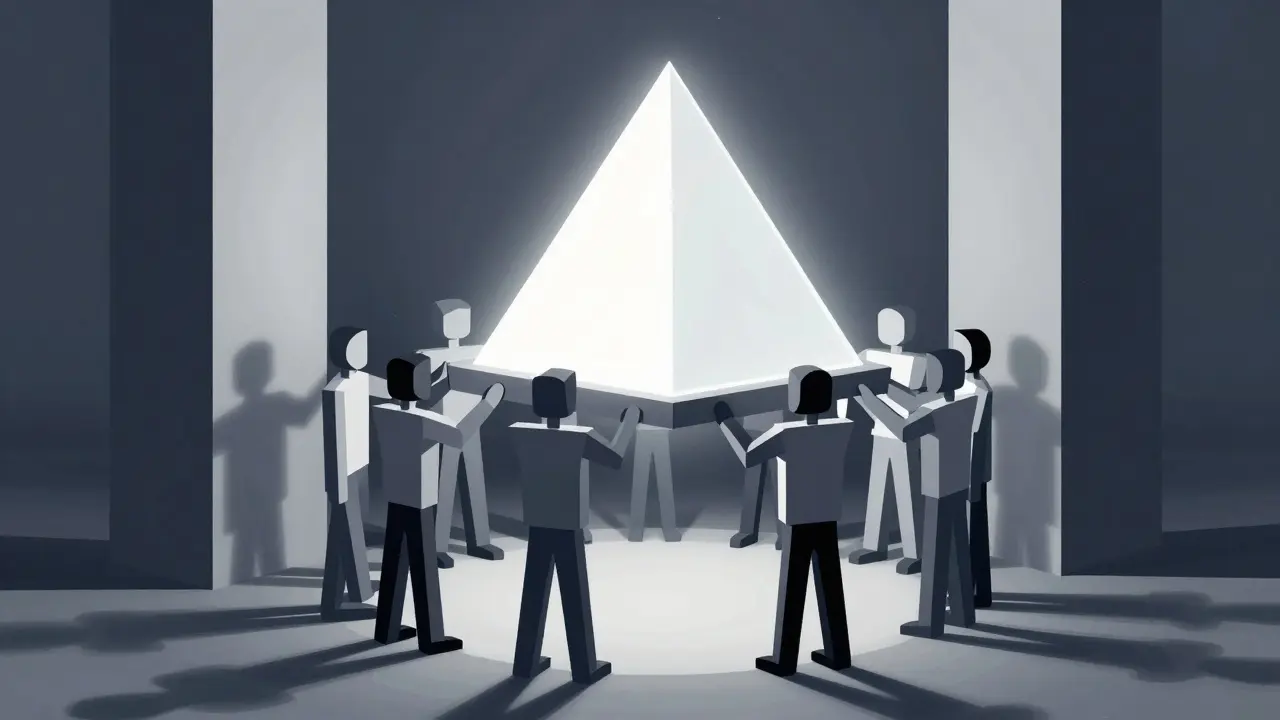 Abstract art showing community members supporting a crypto pyramid
