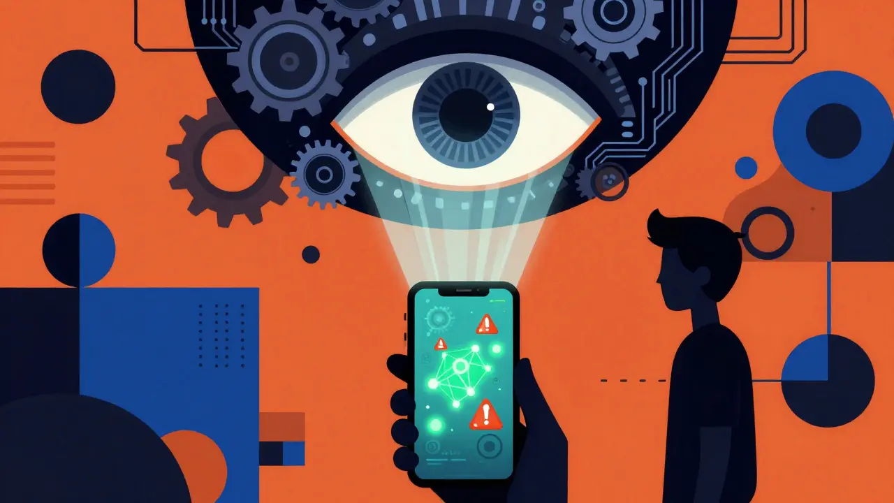 Abstract art showing digital surveillance and blockchain scanning