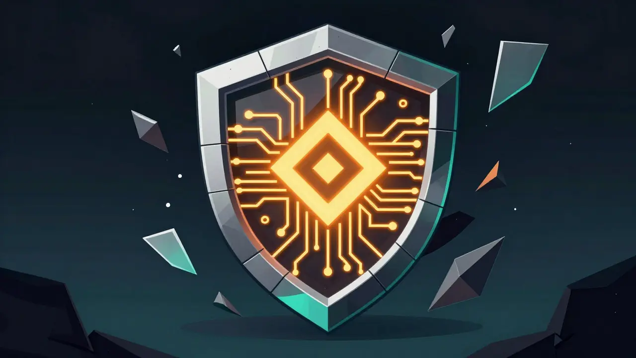 Abstract constructivist art of a secure crypto wallet shield protecting against scams.