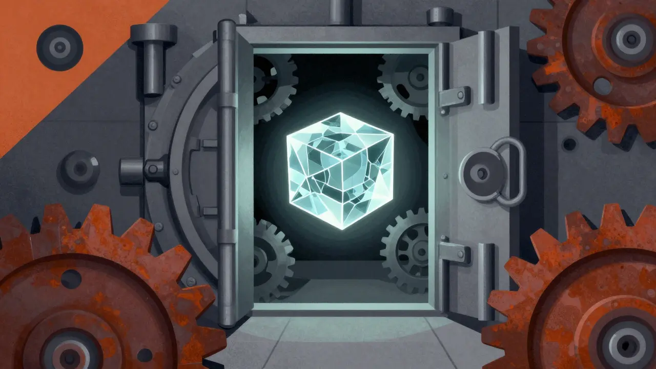 Abstract constructivist art showing digital assets threatened by insecure custody mechanisms.
