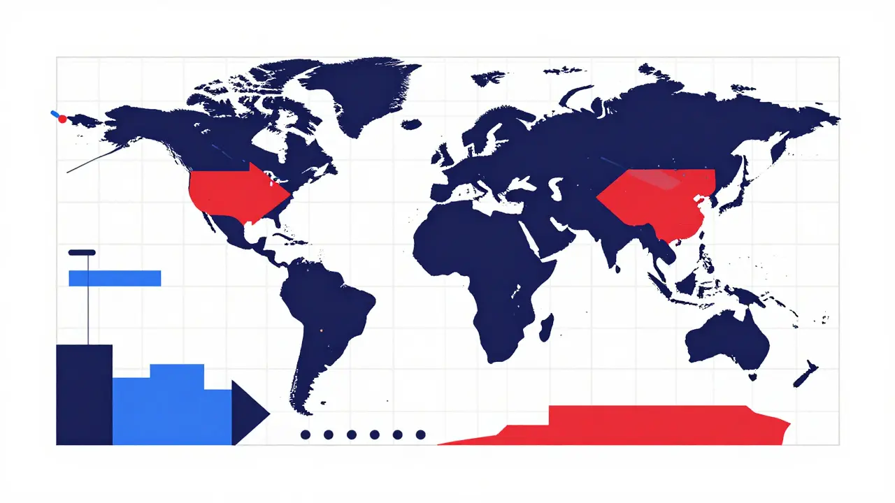 Abstract constructivist art showing global financial data flows