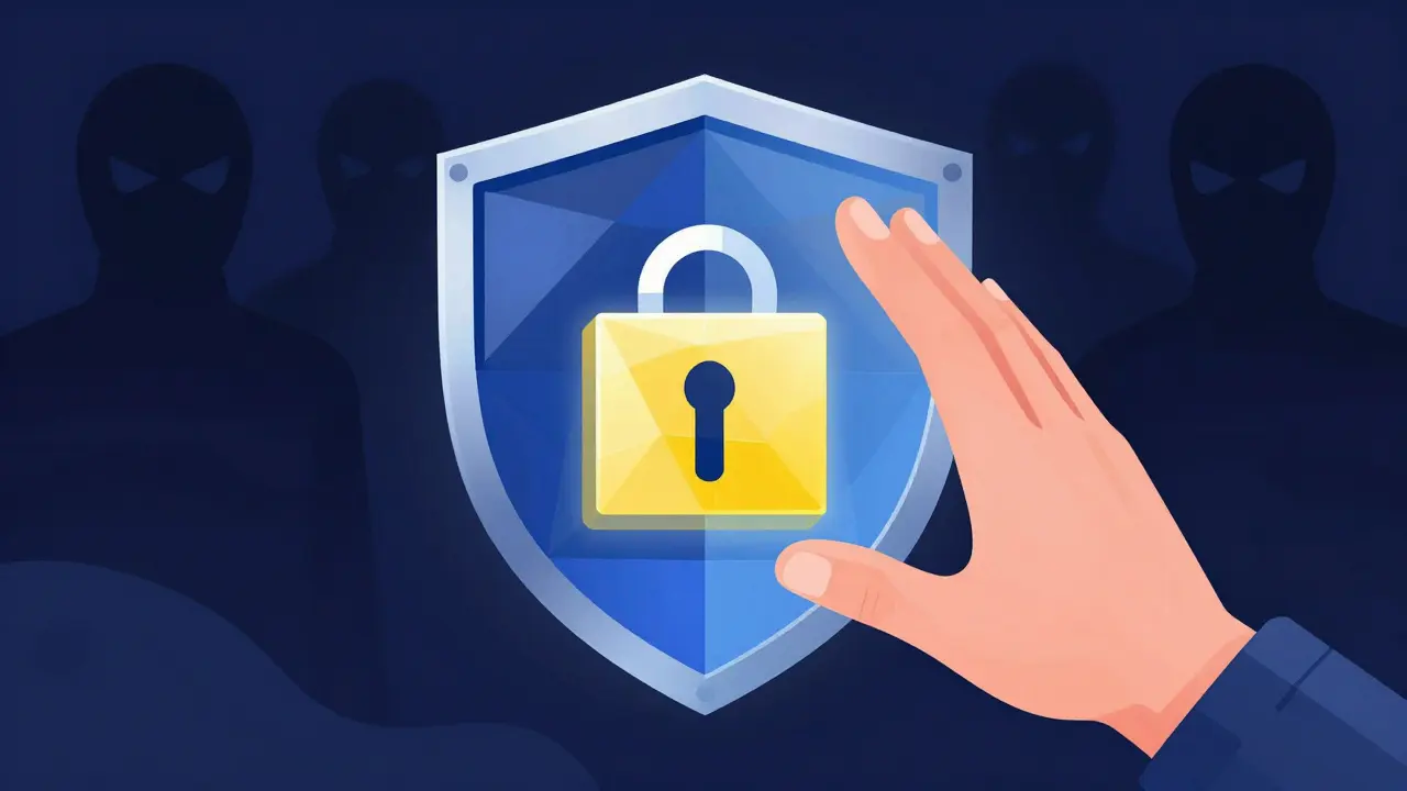 Abstract constructivist image of a hand protected by a geometric shield against lurking digital scammers.