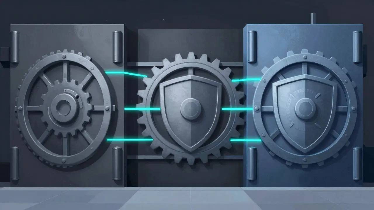 Abstract geometric illustration of secure cold storage vaults and encryption
