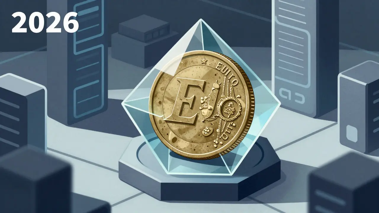 Conceptual art depicting Eurocoin as an obsolete relic compared to modern blockchain technology.