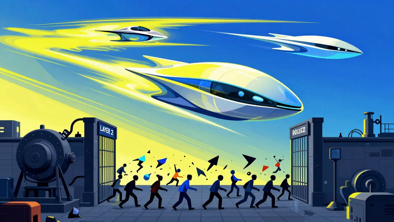 Constructivist art depicting fast Layer 2 networks bypassing mainnet congestion