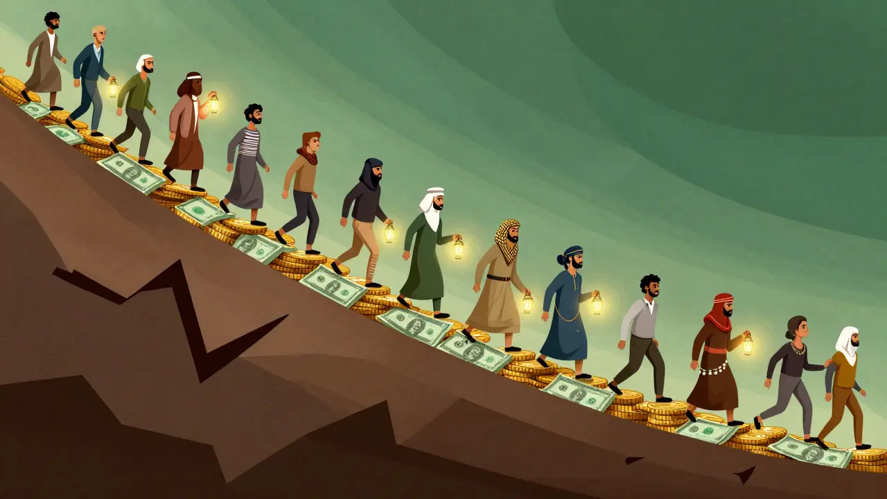 Constructivist art showing Egyptians climbing away from economic collapse using stablecoins.