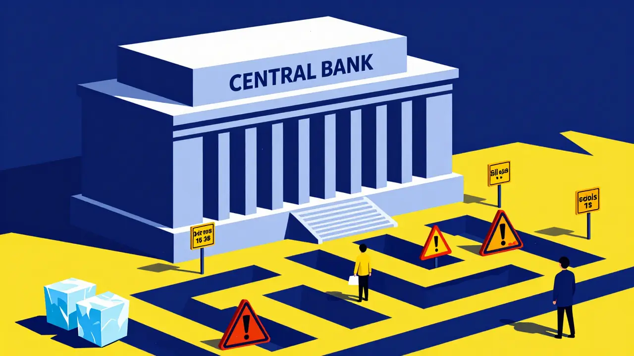 Constructivist art showing regulatory structures and risks for crypto users.