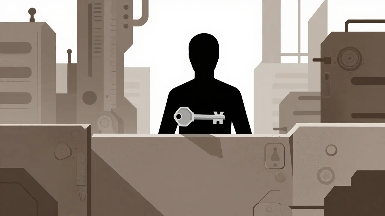 Faceless figure behind geometric blocks representing anonymous team